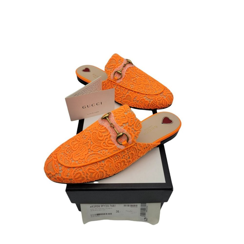 Gucci Princetown Orange Floral Lace Mules Size 38